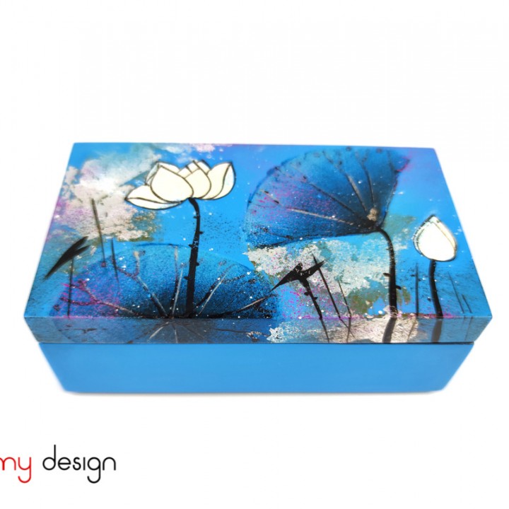 Blue rectangular lacquer box hand-painted with lotus pond 8*14*H5cm